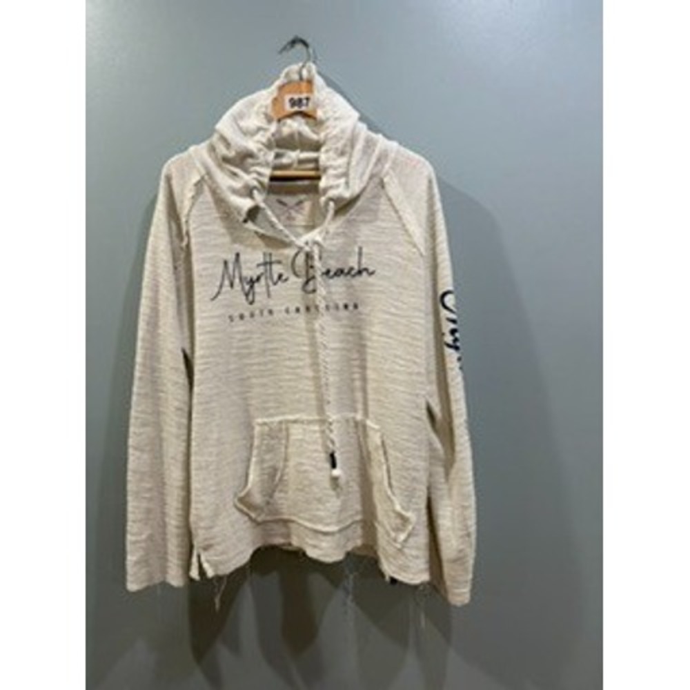 US Vintage Myrtle Beach South Carolina Hoodie Cream Slub Knit Pullover Large